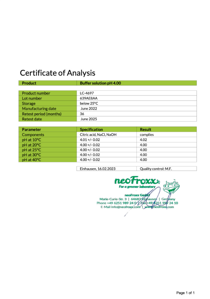 Буферный раствор pH 4.00, Neofroxx, сертификат качества, англ., 1 стр., 2023 г.