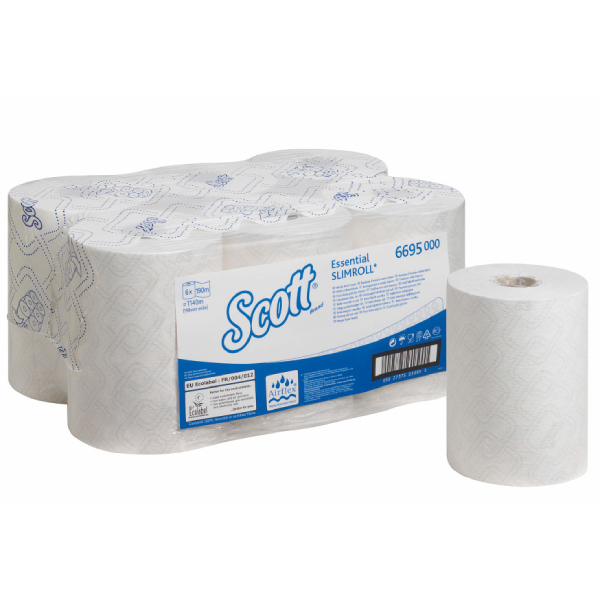 Полотенца бумажные 190 х 0,198 м, Scott Essential Slimroll, рулонные, белые, однослойные, 6 рулонов х 190 м