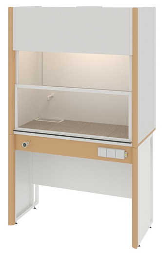 Шкаф вытяжной общего назначения, ширина 120 см, корпус — металл, столешница — керамогранит, 2 подъемных экрана, раковина, металлическая тумба