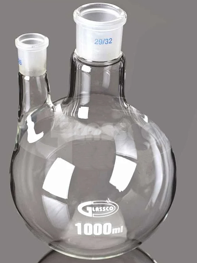 Колба двугорлая, параллельная, 250 мл, высота 140 мм, центральный шлиф 24/29, боковой шлиф 14/23,  Glassco, Индия
