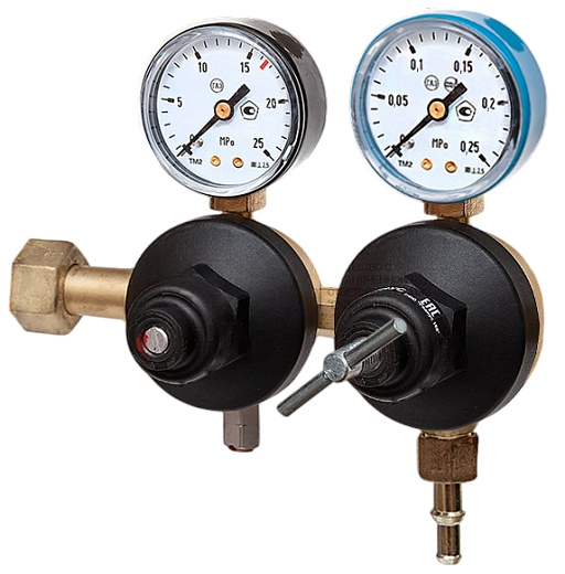 Редуктор газа для СO₂, N₂ двухступенчатый, до 0,6 МПа, 36,6 л/мин, (для инкубаторов Binder, Thermo, N-biotek), БГД-25, Россия