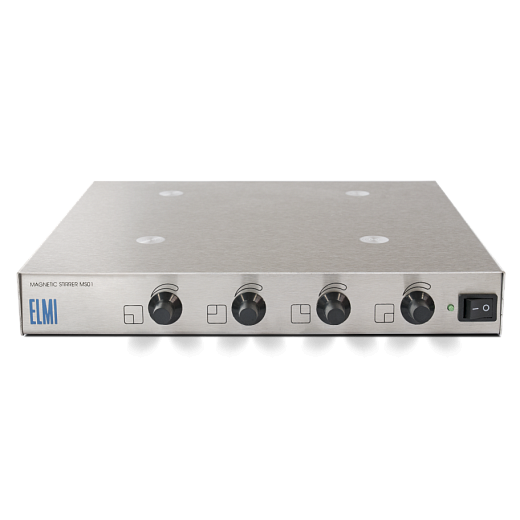 Магнитная мешалка без нагрева, объем по воде 2 л на 1 место, платформа 210х270 мм, 80-1500 об/мин, 4 места, вид спереди, MS-01, Elmi
