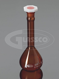 Колба мерная, класс А, темное БС, с одной отметкой, несерийные, пробка ПЭ, Glassco, Индия