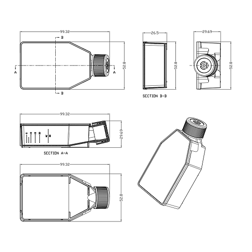 Флаконы культуральные 25 cm², вентилируемая крышка, обработанная поверхность (ТС), полистирол, стерильные, габариты