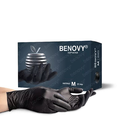 Перчатки нитриловые, длина 24 см, черные, Benovy, 50 пар/уп., Китай