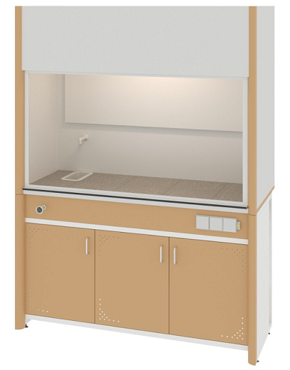 Шкаф вытяжной общего назначения, ширина 150 см, корпус — металл, столешница — керамогранит, 2 подъемных экрана, раковина, металлическая тумба