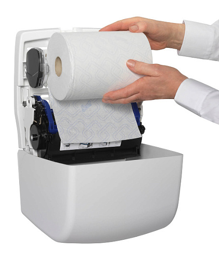 Диспенсер для рулонных полотенец Aquarius Slimroll, настенный, белый, Kimberly-Clark, с открытой крышкой