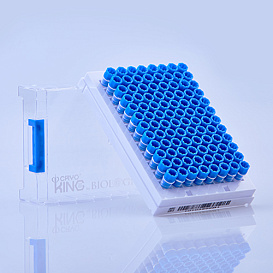 Криопробирки 1000 мкл, SBS формат, зеленые крышки, ПП, штрих-код на дне пробирок, штрих-код на дне штативов, конические, с юбкой, стерильные, бесцветные, 96 шт./штат., 10 штат./уп., 2 уп./кор., Biologix, Китай