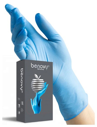 Перчатки нитриловые, длина 24 см, голубые, Benovy, 50 пар/уп., Китай